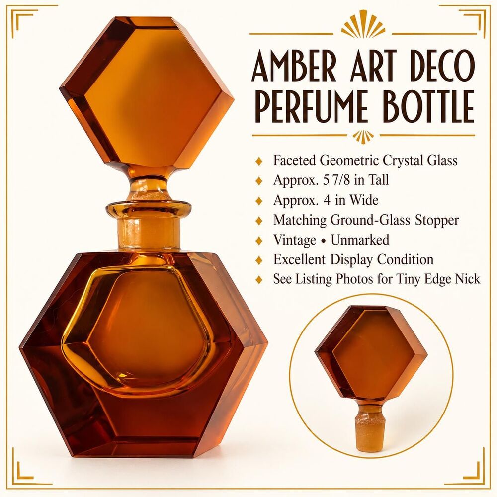 Vintage Amber Art Deco Perfume Bottle Faceted Glass Stopper 1930s 5 7/8"